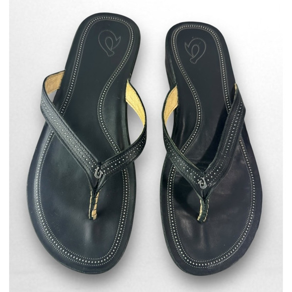 OluKai Shoes - Olukai Ola Full Grain Leather Flip Flops Black Slides Women's Size 10 Sandals